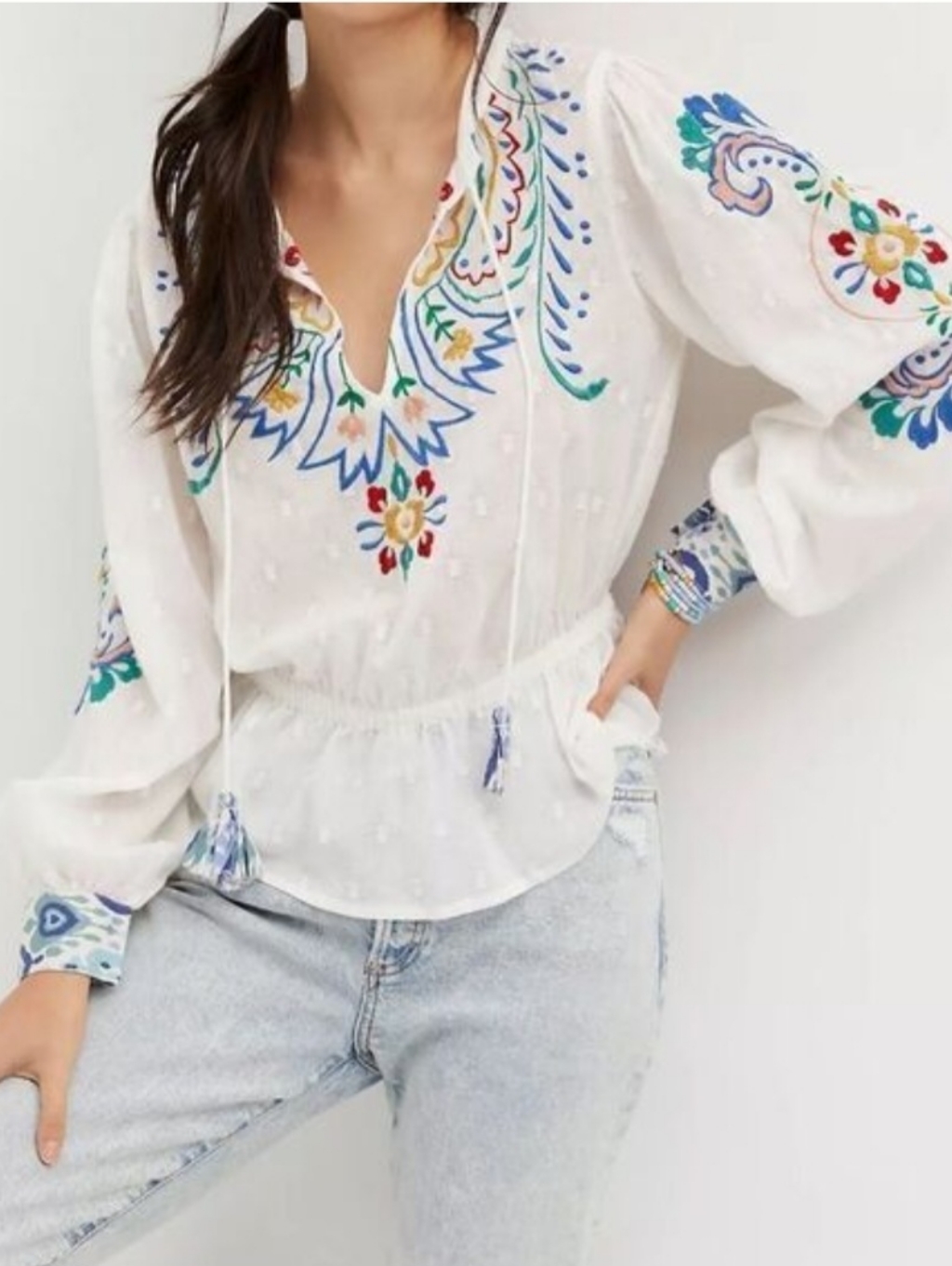 Anthropologie Forever That Girl Floral Boho Embroidery Shirt Size M